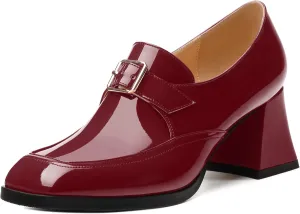 Women's Loafers with Belt Buckle, Fashion Closed Square Toe Chunky Heeled Loafer Shose Comfortable Slip On Solid Dress Shose