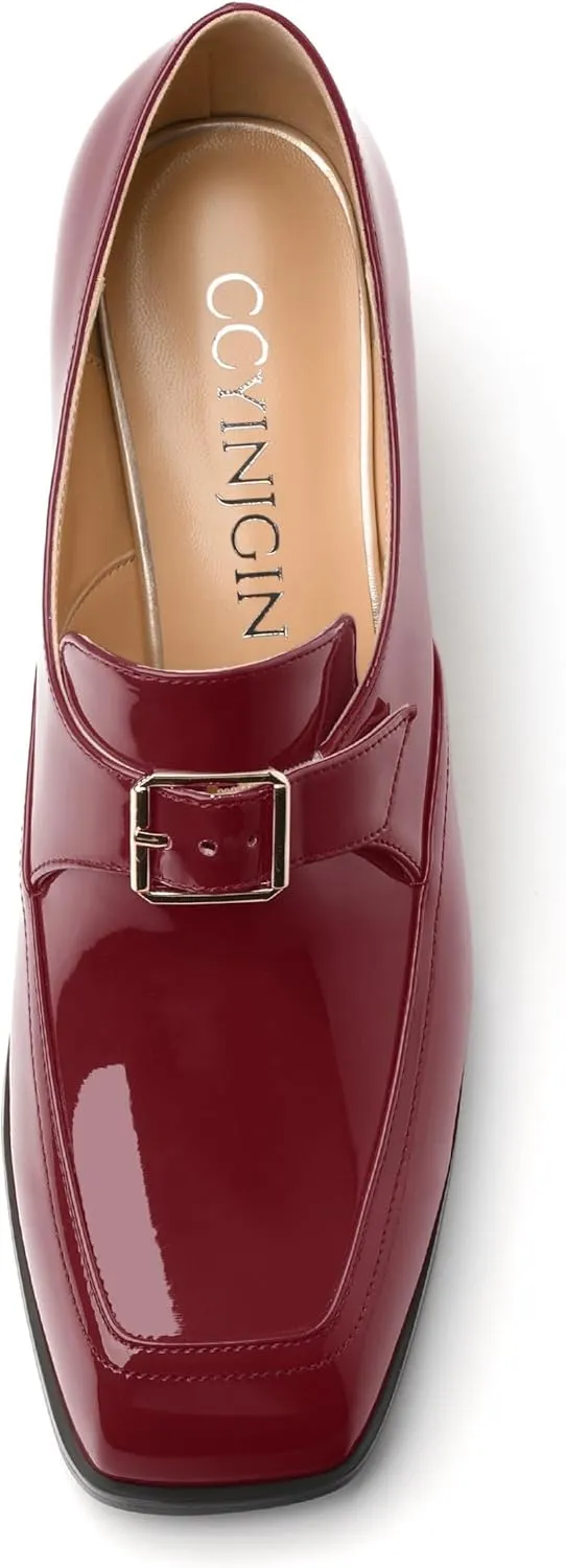 Women's Loafers with Belt Buckle, Fashion Closed Square Toe Chunky Heeled Loafer Shose Comfortable Slip On Solid Dress Shose