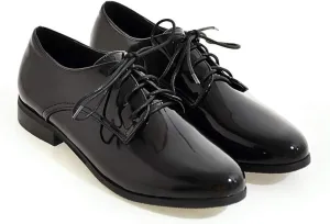 Women's Patented Leather Lace up Oxford Dress with Low Heels and Wingtip Brogue Shoes