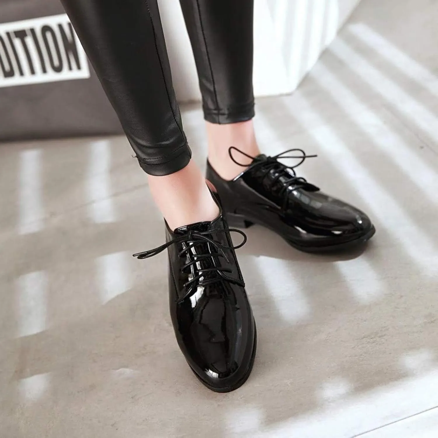 Women's Patented Leather Lace up Oxford Dress with Low Heels and Wingtip Brogue Shoes