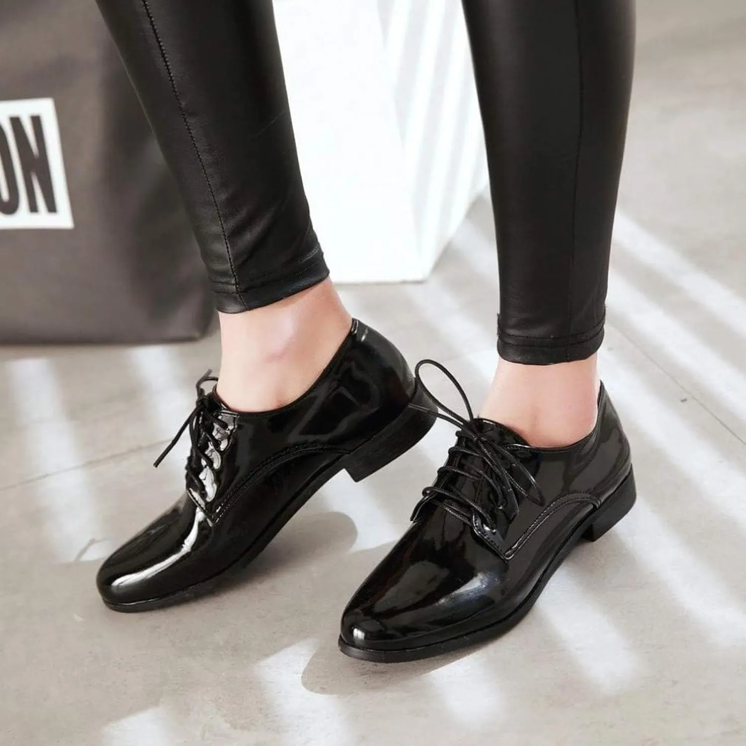Women's Patented Leather Lace up Oxford Dress with Low Heels and Wingtip Brogue Shoes