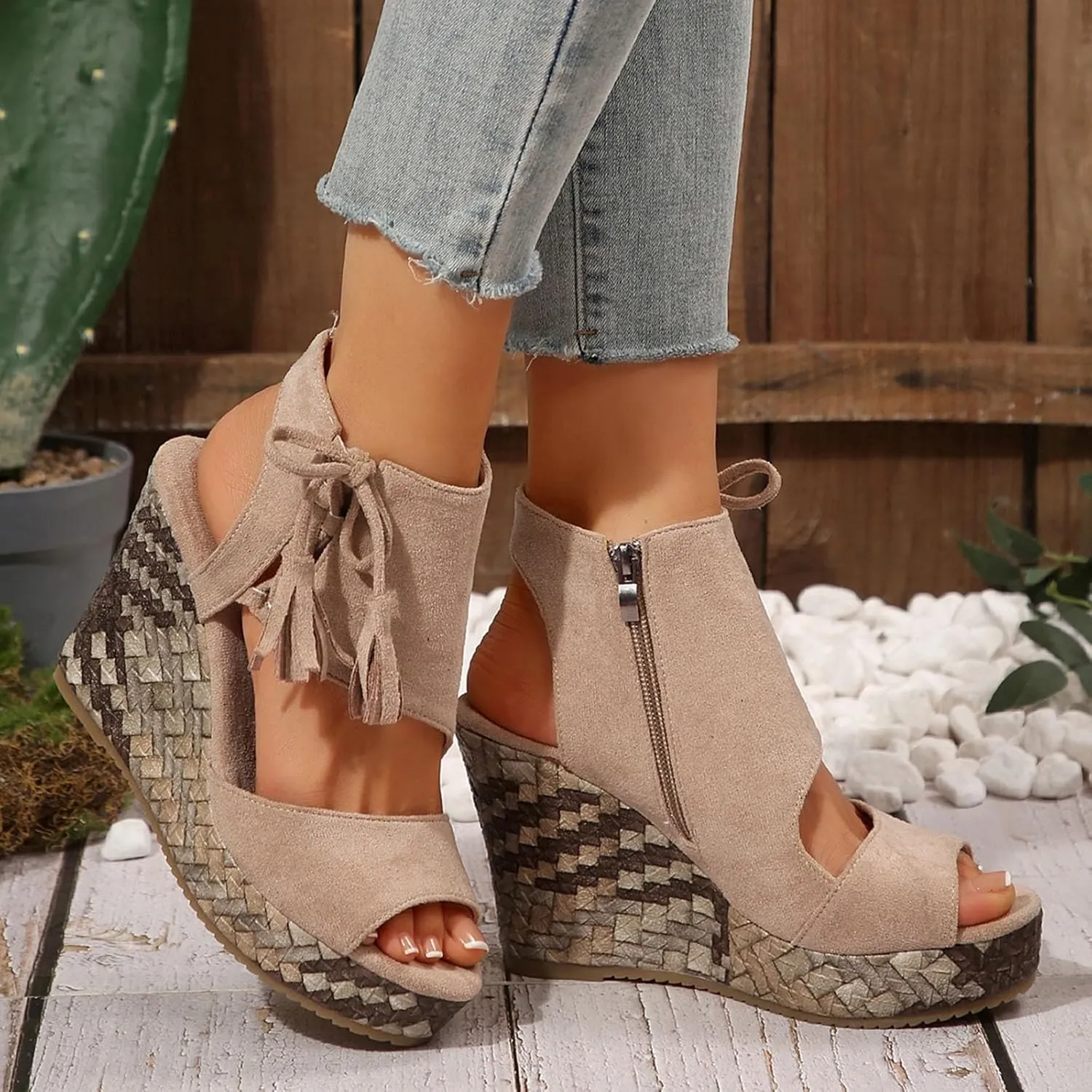 Womens Sandals Dressy Suede High Wedges Heels For Women Side Zipper Lace-Up Open Toe Wedge Sandals Beach Dress Shoes