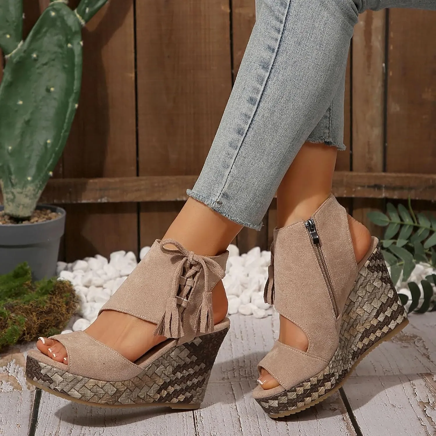 Womens Sandals Dressy Suede High Wedges Heels For Women Side Zipper Lace-Up Open Toe Wedge Sandals Beach Dress Shoes