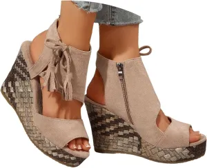 Womens Sandals Dressy Suede High Wedges Heels For Women Side Zipper Lace-Up Open Toe Wedge Sandals Beach Dress Shoes