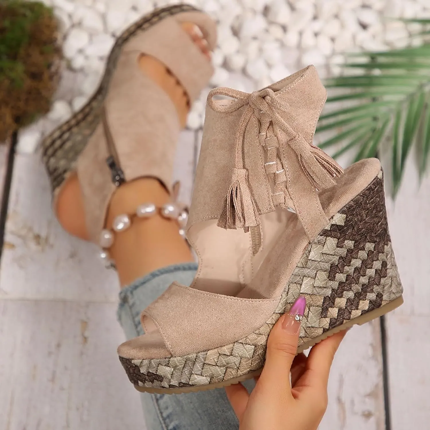 Womens Sandals Dressy Suede High Wedges Heels For Women Side Zipper Lace-Up Open Toe Wedge Sandals Beach Dress Shoes