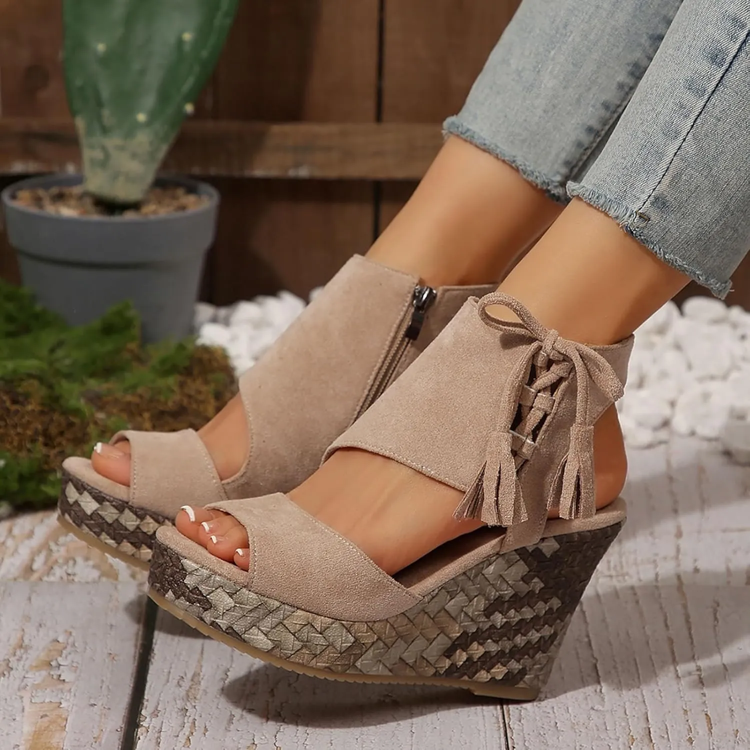 Womens Sandals Dressy Suede High Wedges Heels For Women Side Zipper Lace-Up Open Toe Wedge Sandals Beach Dress Shoes