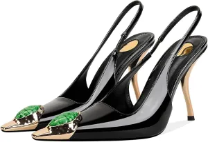 Womens Slingback High Heels Crystal Metal Pointed Closed Toe Stiletto Heeled Sandals Party Wedding Dating Pumps Dress Shoes