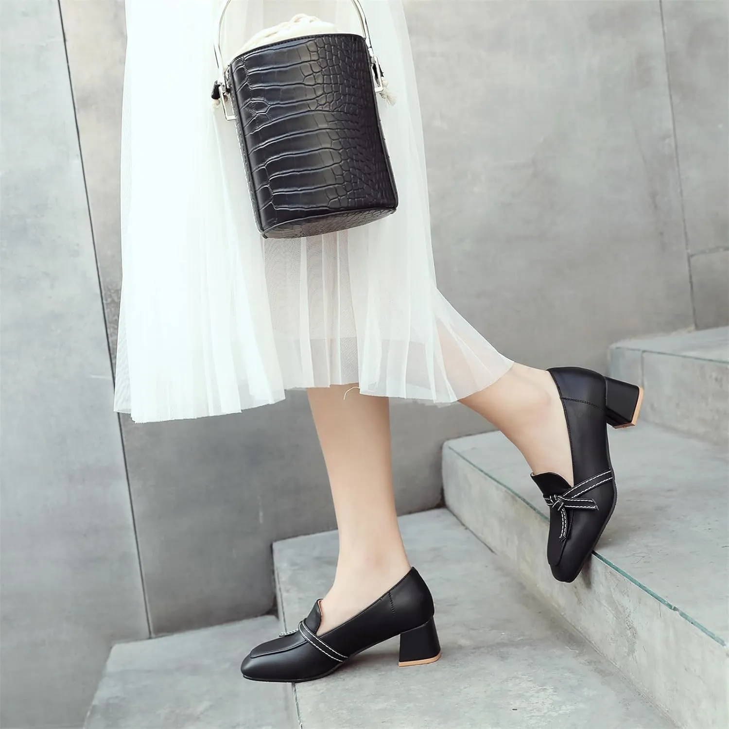 Women's Square Closed Toe Pump Loafers Slip-On Chunky Mid Block Heel Classic Western Work Office Dress Shoes Comfort Business Party Dating Shopping Daily Wear Pumps