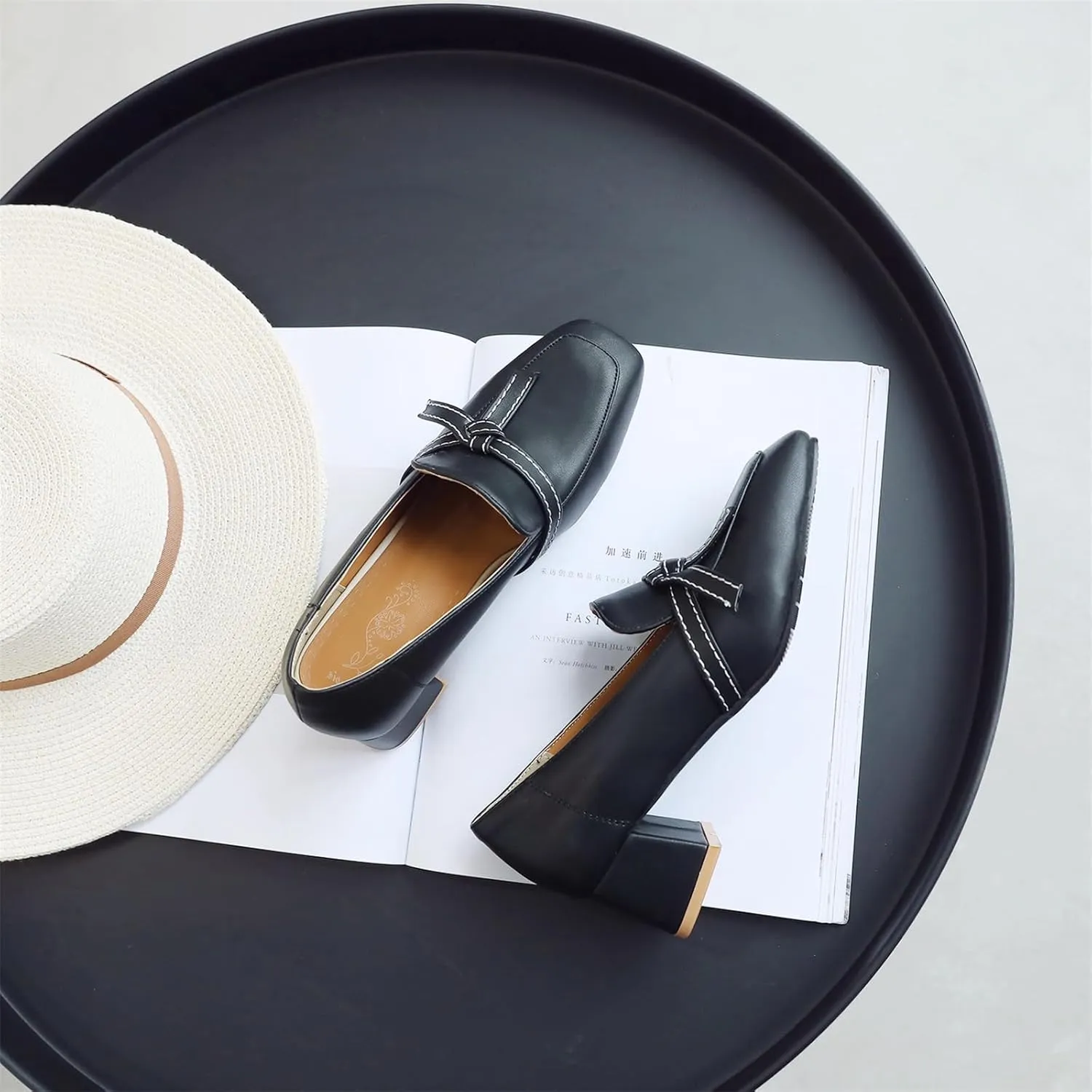 Women's Square Closed Toe Pump Loafers Slip-On Chunky Mid Block Heel Classic Western Work Office Dress Shoes Comfort Business Party Dating Shopping Daily Wear Pumps