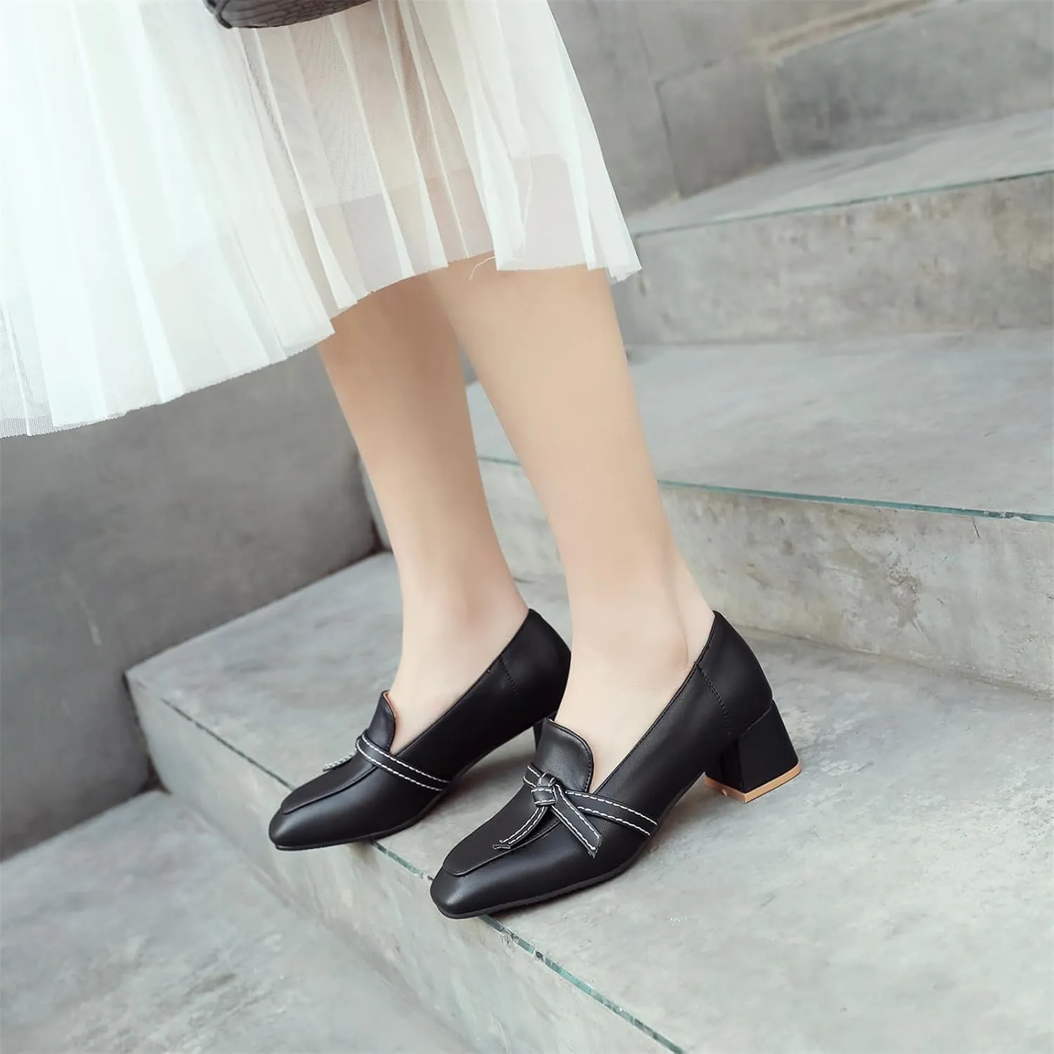Women's Square Closed Toe Pump Loafers Slip-On Chunky Mid Block Heel Classic Western Work Office Dress Shoes Comfort Business Party Dating Shopping Daily Wear Pumps