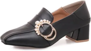 Women's Square Toe Closed Chunky Heel Loafers Fashion Rhinestone Metal Chain Comfortable Slip on Block Casual Work Office Shoes
