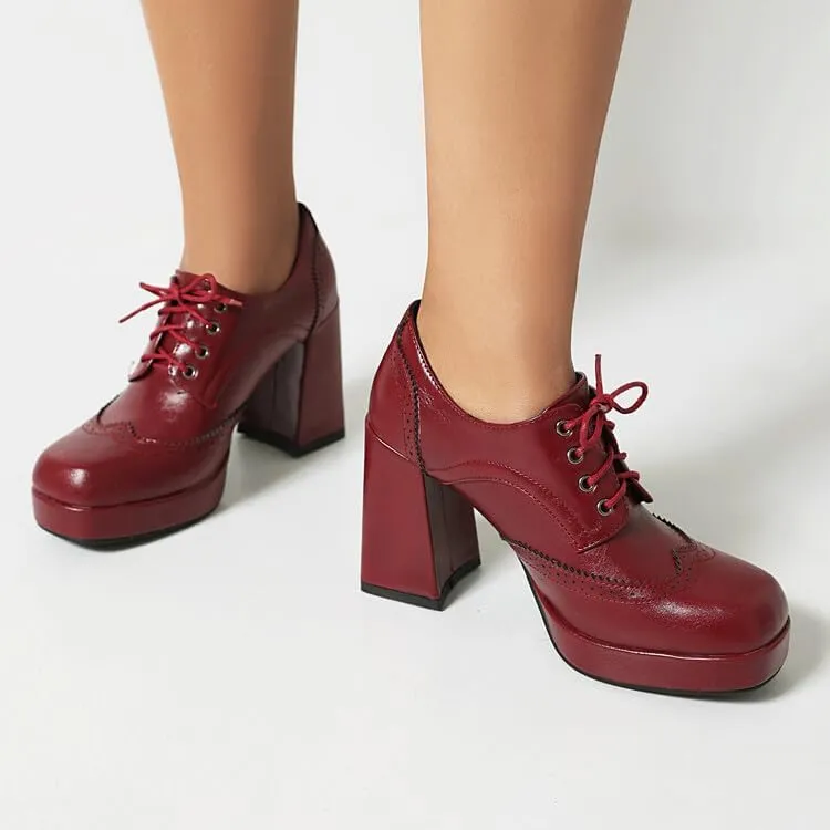 Women's Square Toe Shoelace Platform Square Heel Brogue Shoes