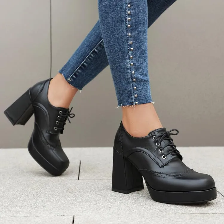 Women's Square Toe Shoelace Platform Square Heel Brogue Shoes