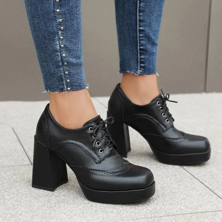 Women's Square Toe Shoelace Platform Square Heel Brogue Shoes
