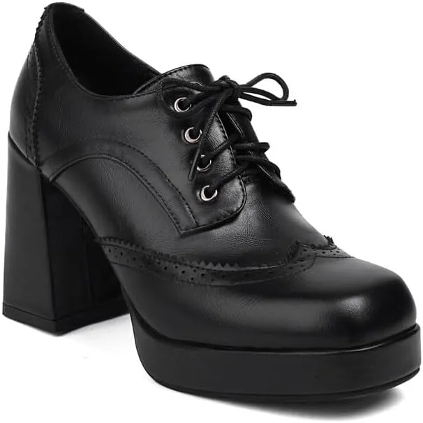 Women's Square Toe Shoelace Platform Square Heel Brogue Shoes