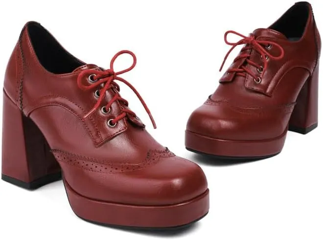Women's Square Toe Shoelace Platform Square Heel Brogue Shoes