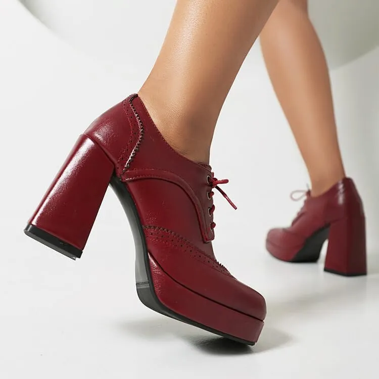 Women's Square Toe Shoelace Platform Square Heel Brogue Shoes