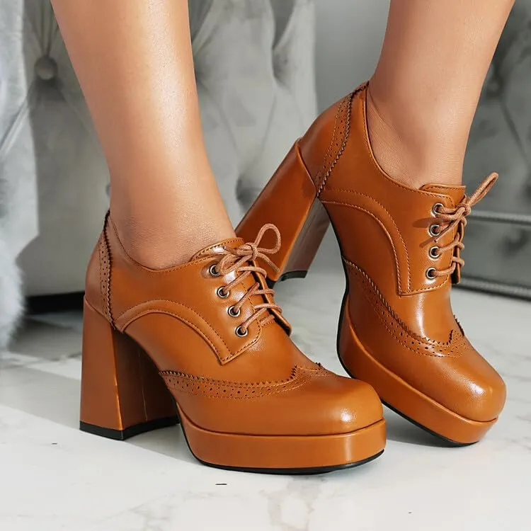 Women's Square Toe Shoelace Platform Square Heel Brogue Shoes