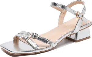 Women's Strappy Square Toe Chunky Heeled Sandals,Summer Adjustable Ankle Strap Buckle Slingback Block Heels Fashion Open Toe Low Heel Dress Sandals