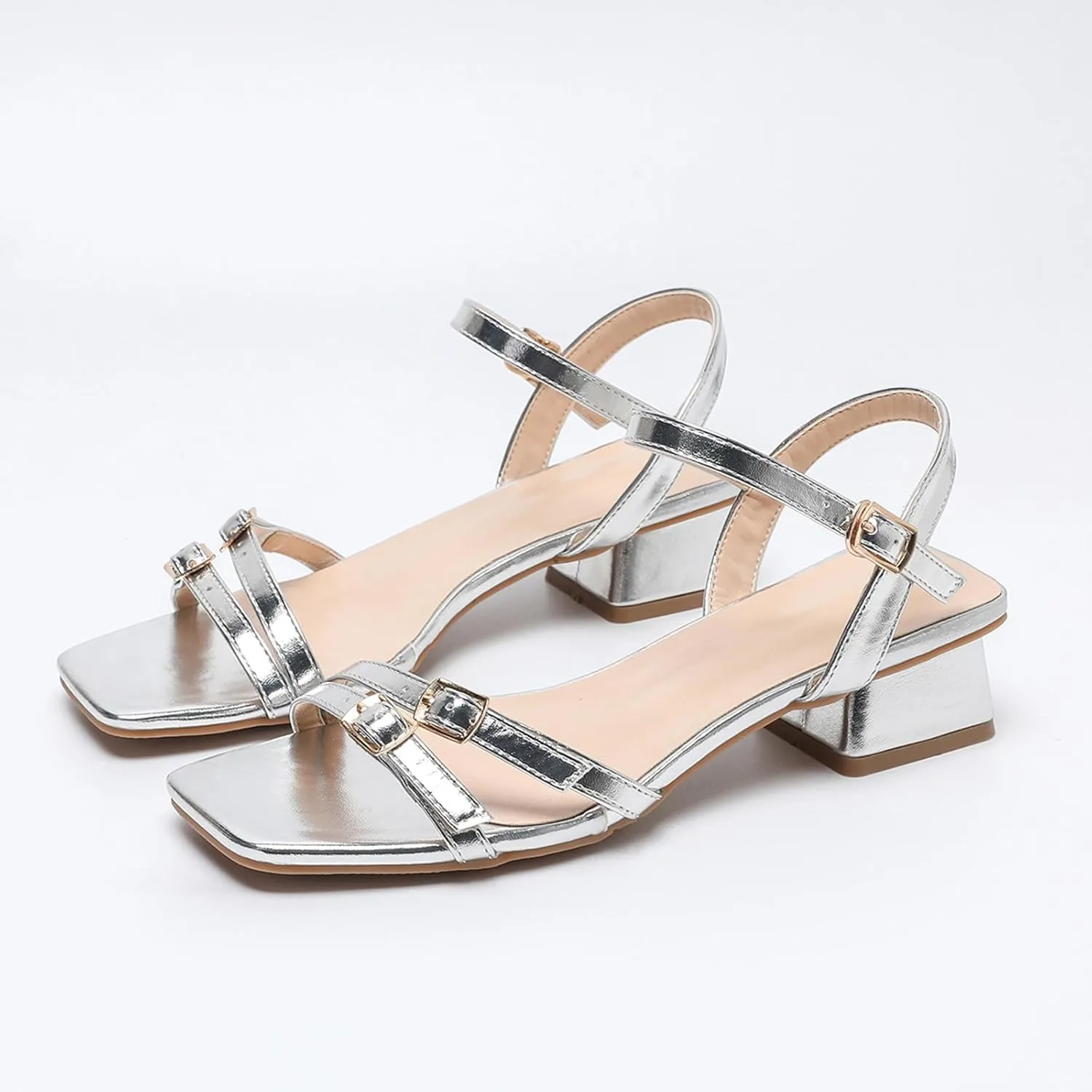 Women's Strappy Square Toe Chunky Heeled Sandals,Summer Adjustable Ankle Strap Buckle Slingback Block Heels Fashion Open Toe Low Heel Dress Sandals