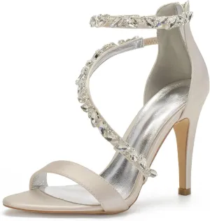Women's Wedding High Heels for Bride Wedding Stilettos for Women Open Toe Satin Crystals Dressy Pumps Sandals