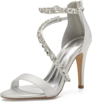 Women's Wedding High Heels for Bride Wedding Stilettos for Women Open Toe Satin Crystals Dressy Pumps Sandals