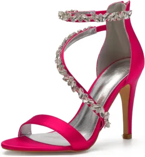 Women's Wedding High Heels for Bride Wedding Stilettos for Women Open Toe Satin Crystals Dressy Pumps Sandals