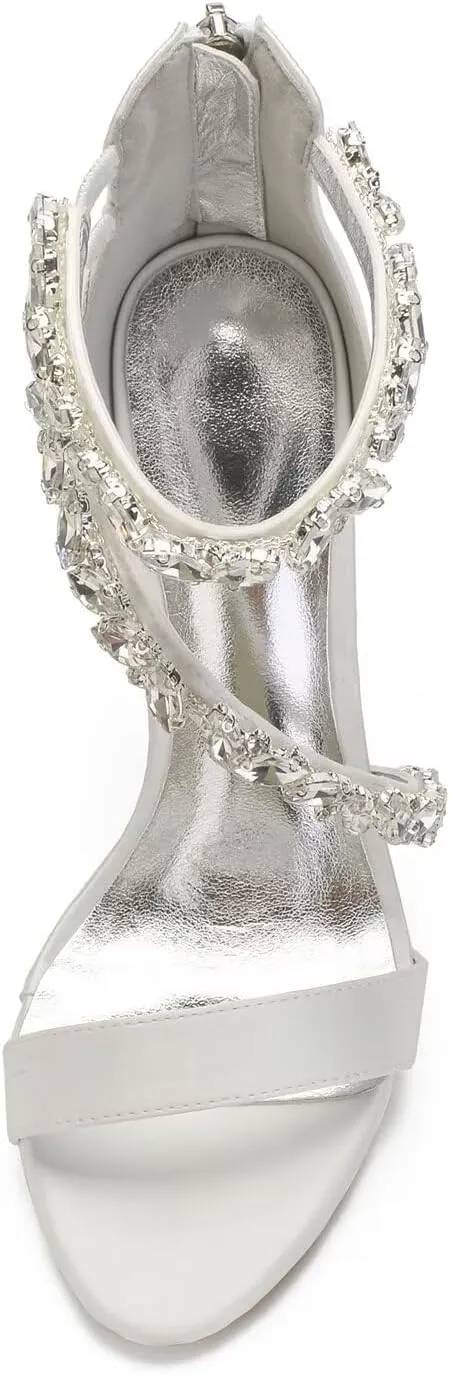 Women's Wedding High Heels for Bride Wedding Stilettos for Women Open Toe Satin Crystals Dressy Pumps Sandals