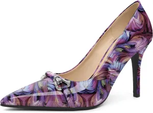 YODEKS High Heel for Women Closed Pointed Toe Stiletto Heel for Women Pumps Slip On 3.5 Inch Patent Leather Buckle Fashion Dress Shoes Floral Purple Size 8.5