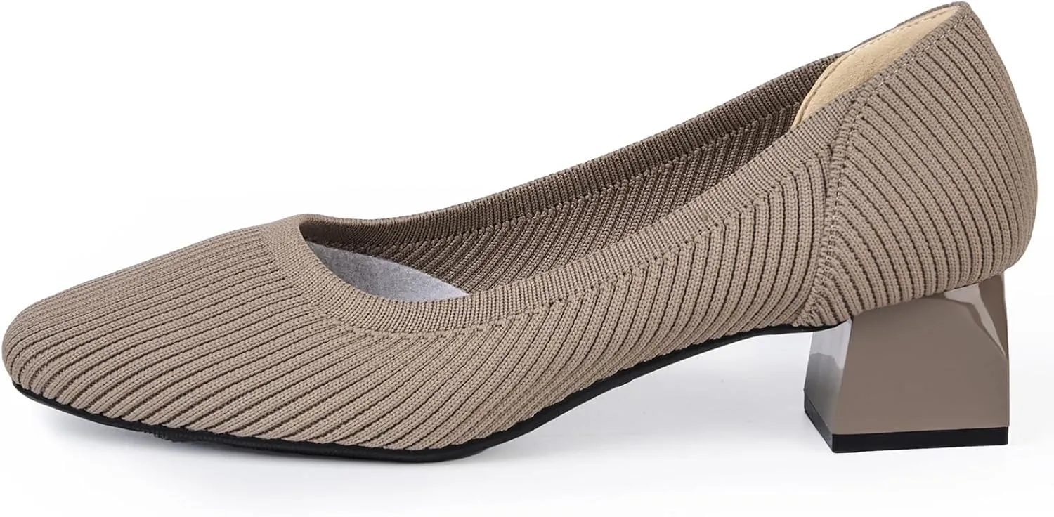 youngshow Womens Pumps Block Heels Square Toe Knit Comfortable Heel for Women Slip On Work Shoes for Woman Dress Classic Shoes Walk Office
